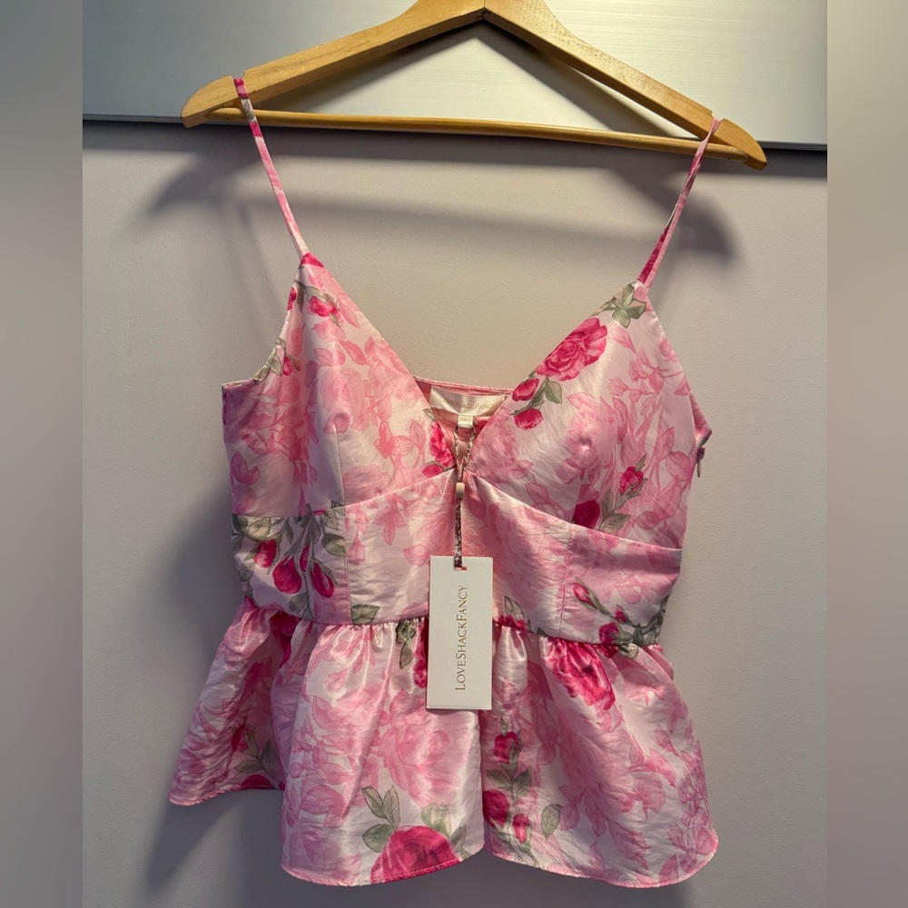 LOVESHACKFANCY Pink Floral Spaghetti Strap Top